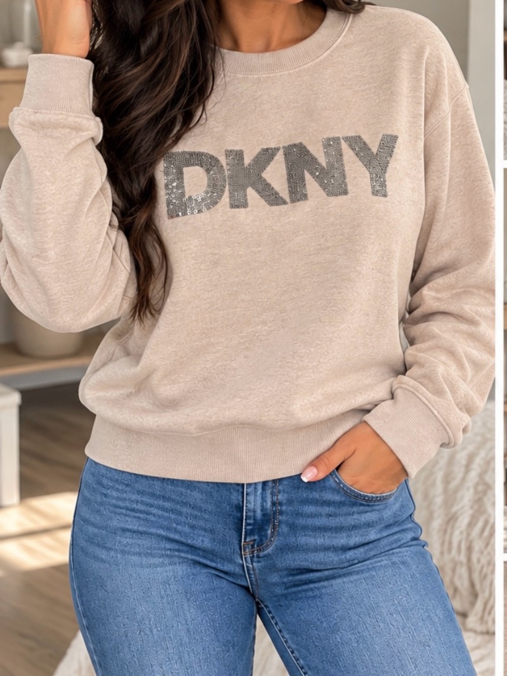 DKNY Beige Crewneck Sweatshirt with Logo